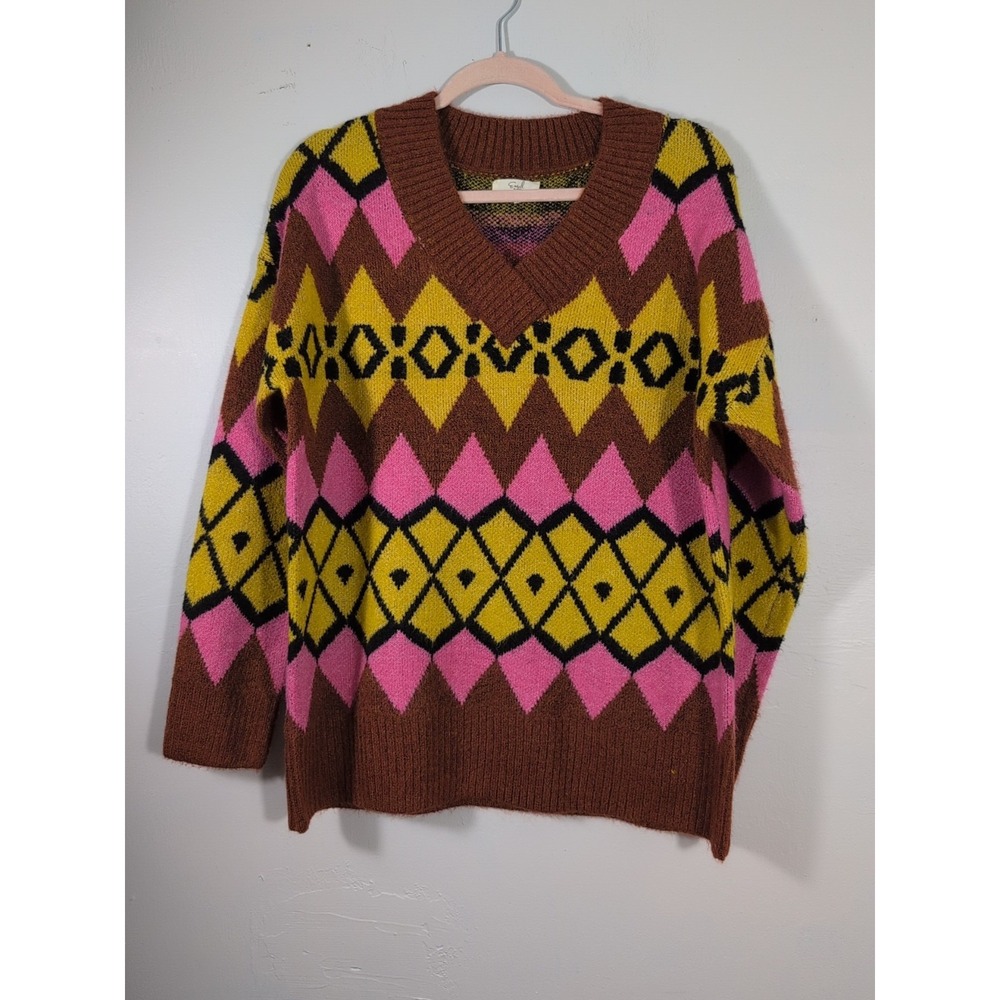 Easel Sweater Pink Brown Yellows Triangle Geometric Pattern NWOT